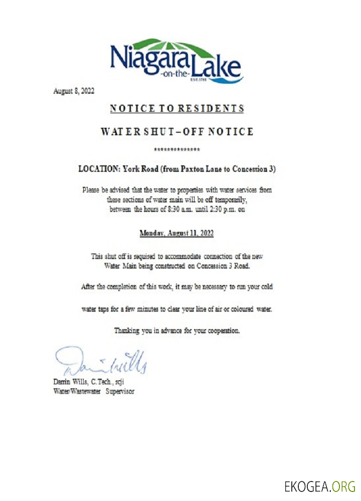 Canada Ontario The Niagara on the Lake water utility shut off notice